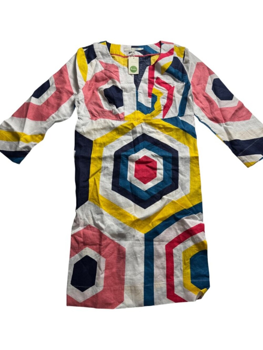 💙 Boden WH783 100% Linen Dress | Blue Geometric Print Tunic Shift Dress 4R
